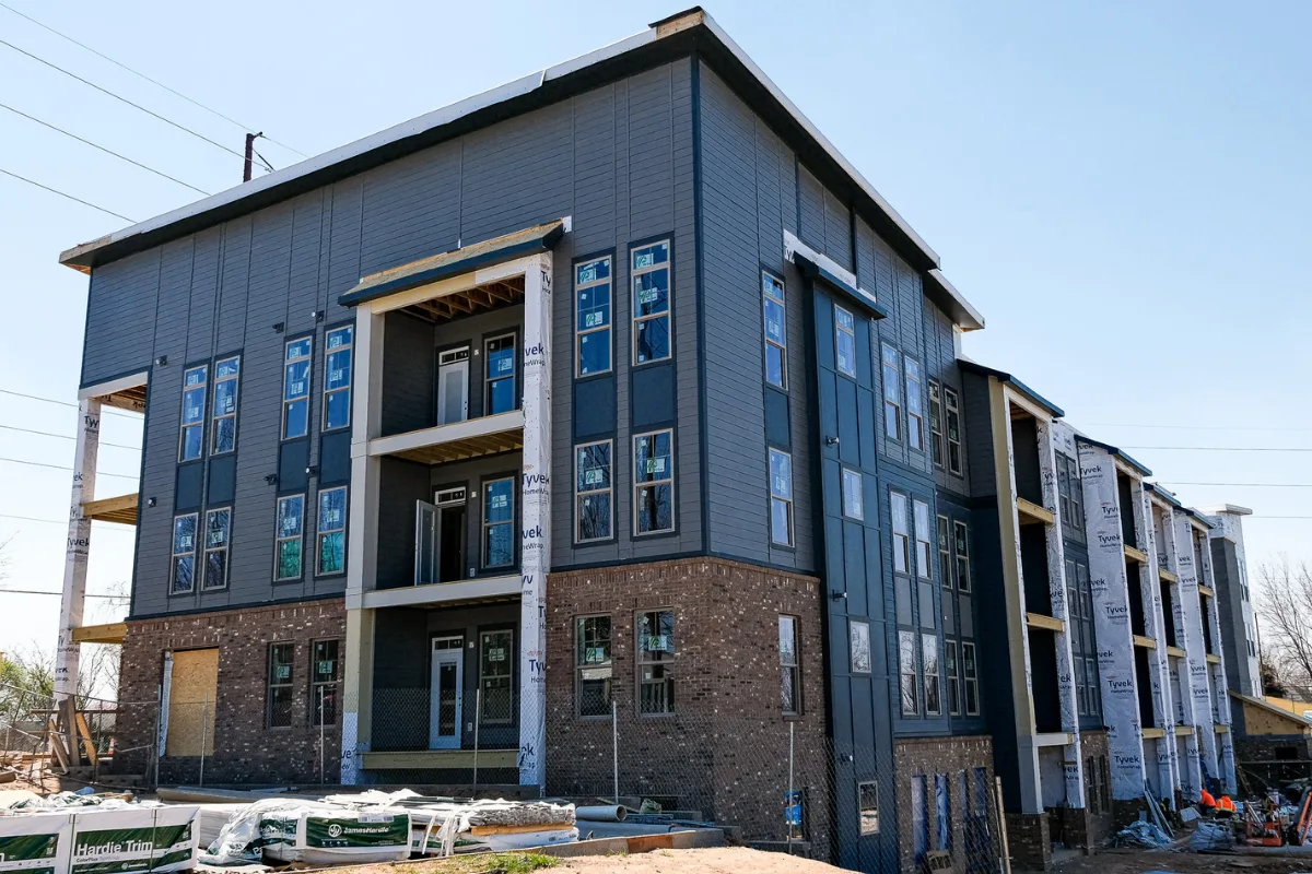 Exterior of blue commercial building