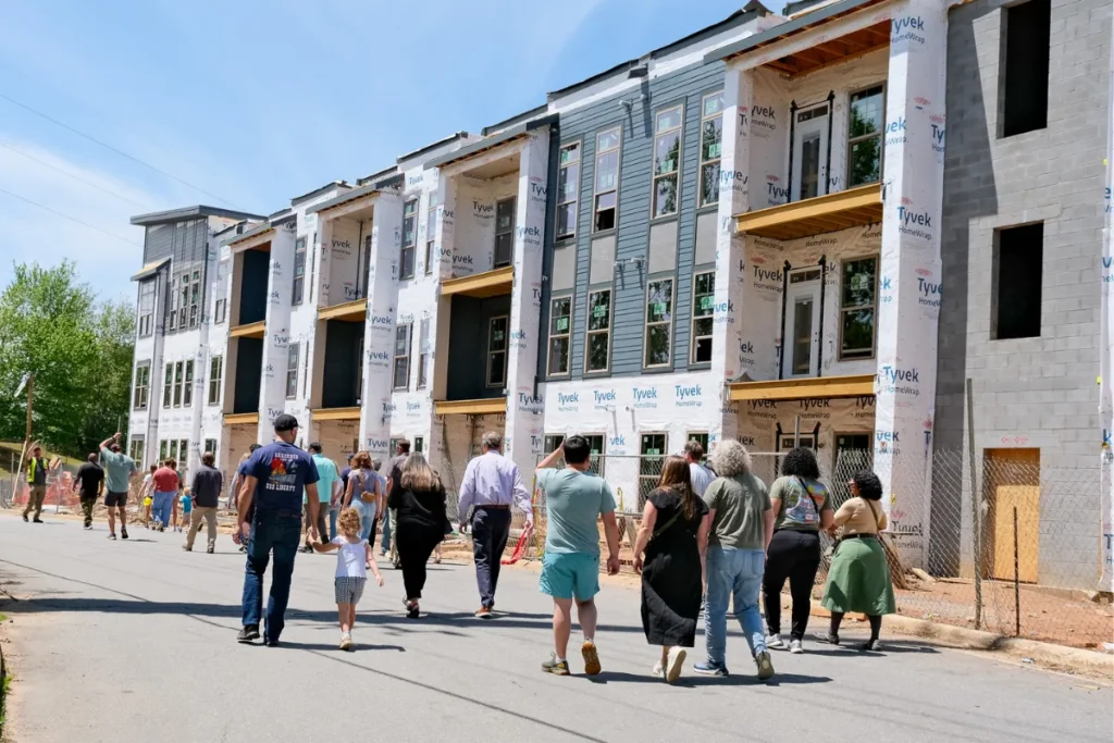 People walking along shopping district