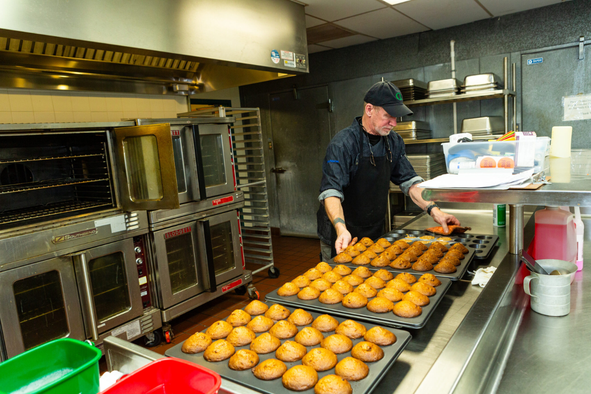 Baking trays with pastries in oven
