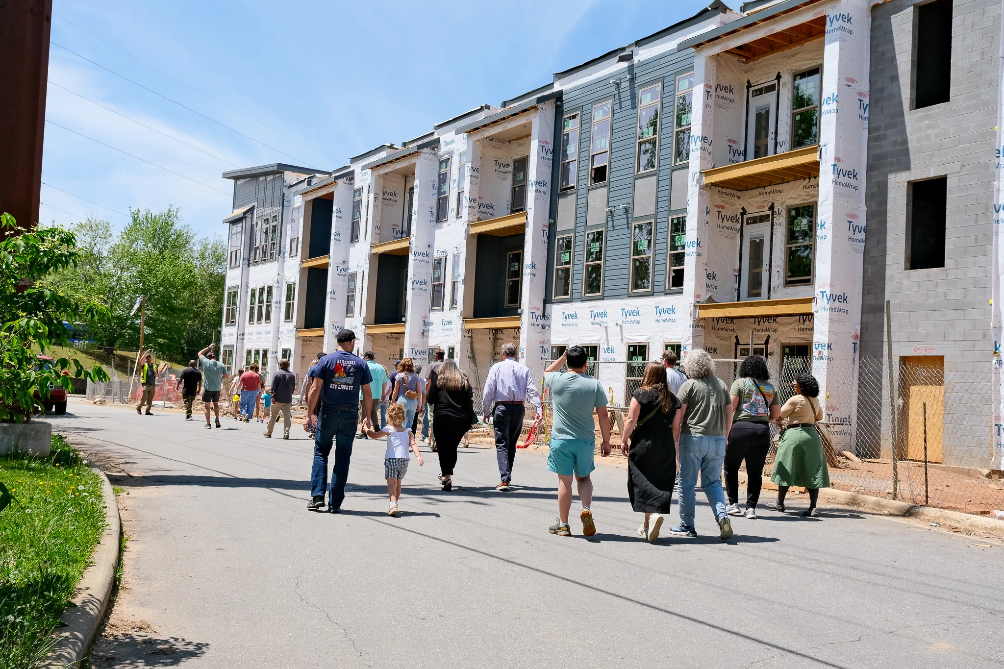 Modern apartment buildings along street